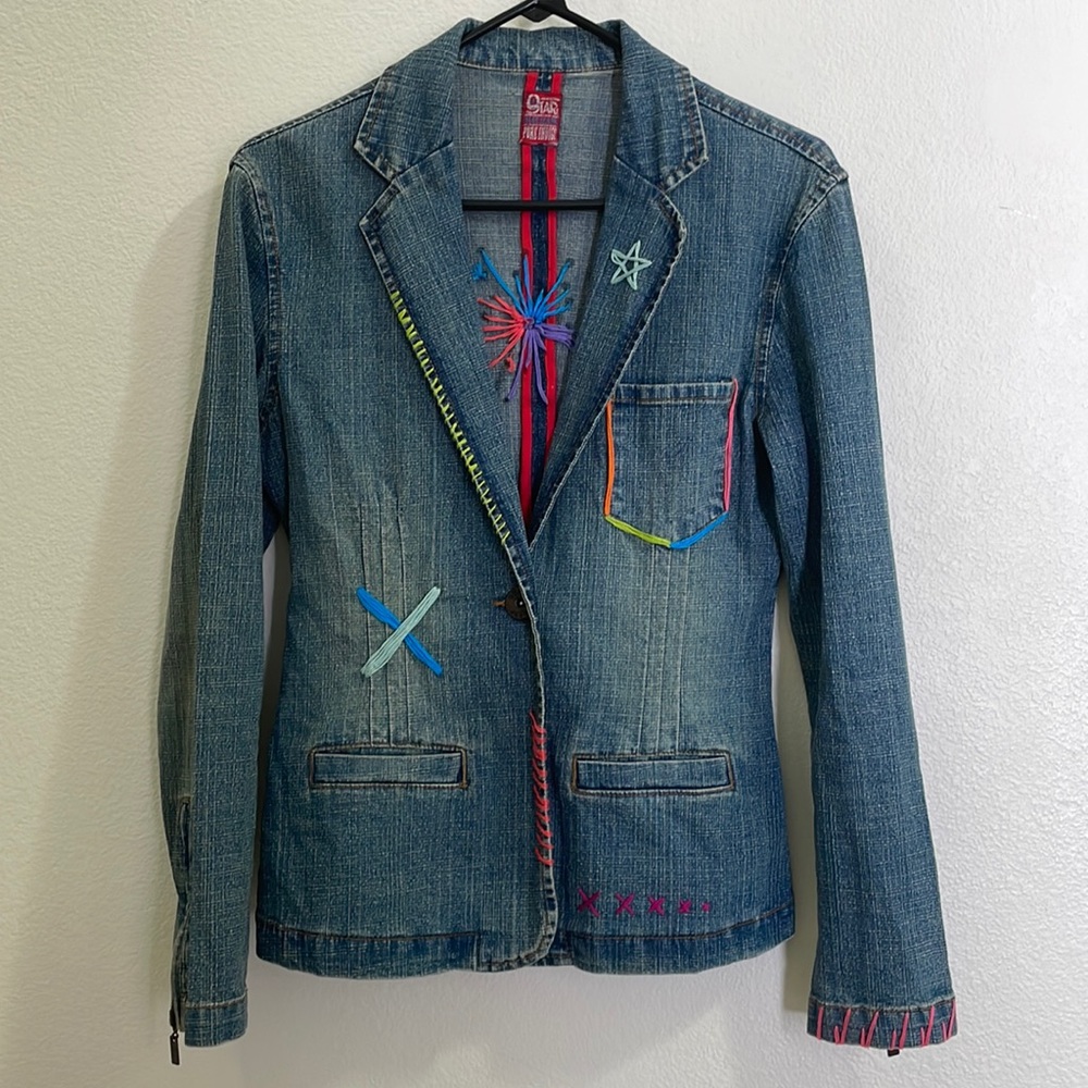 Vintage Hand Embroidered Star Blue Jeans Pure Indigo Denim Blazer